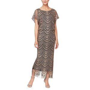 S.L. Fashions Petite Blouson Metallic Crochet Dress with Fringe Hemline 10P